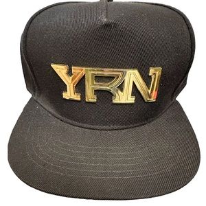 YRN Migos NWT Metal Gold Logo Adjustable Snapback Black Cap Hat Wool Blend
